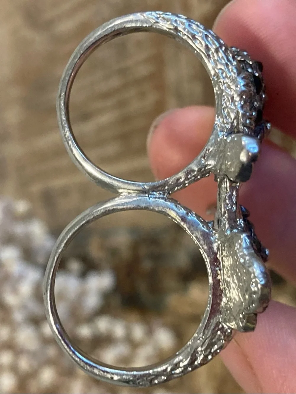 Double Owl Ring with Black Accents Silver Tone
